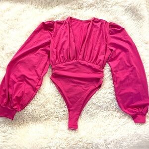 Hot Pink Bodysuit Puff Sleeve Deep V-Neck Small